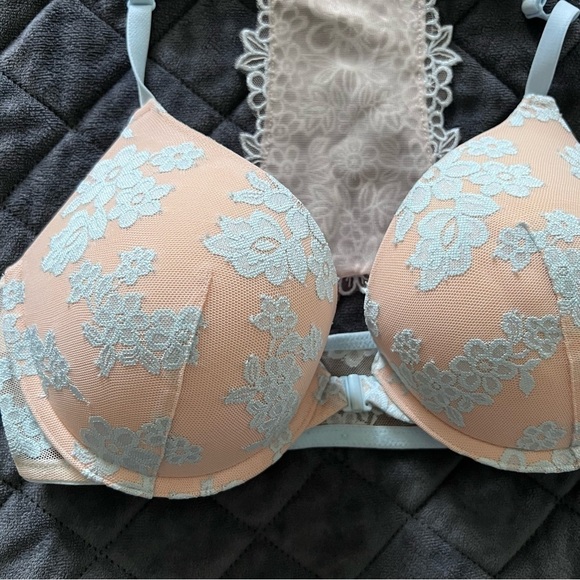 Victoria Secret PINK 32D Bra front closure Padded Push Up Underwired Floral lace - Picture 2 of 6
